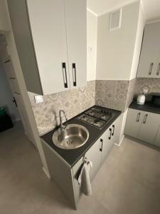 a kitchen with a sink and a stove at Apartament na Broniewskiego in Gdańsk