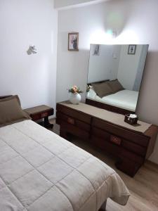 ein Schlafzimmer mit einem Bett und einem großen Spiegel in der Unterkunft Deptos Irun I in San Carlos de Bariloche