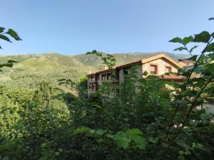una casa en una colina con montañas en el fondo en La Almazara Del Guijo, en Guijo de Santa Bárbara
