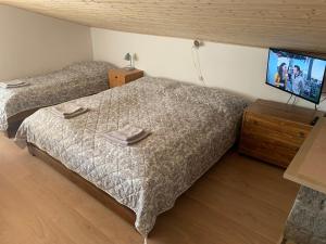 two beds in a room with a tv on a wall at Klidné a vyjímečné ubytování nad sklepem - Přítluky Garance na počasí!!! in Přítluky