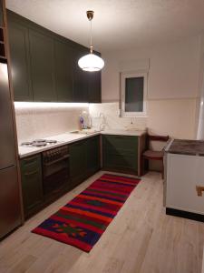a kitchen with green cabinets and a red rug on the floor at Guest House Planinic in Čitluk
