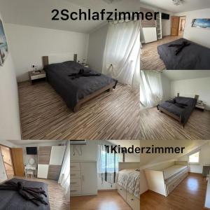 four pictures of a bedroom with a bed and a istg at Apartmani Pristav in Kršan
