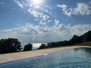 a swimming pool with a view of the ocean at Terrasse de lavaux chambre privée in Puidoux