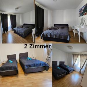 two pictures of a bedroom with two beds and a table at Apartmani Pristav in Kršan