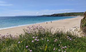 a beach with people walking on the sand and flowers at Porthleven Glamping in Porthleven