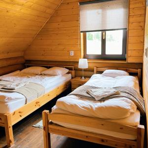 two beds in a log cabin with a window at Kundziņu salas in Vidriži