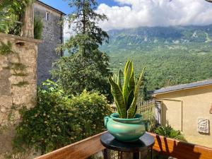 un jarrón verde sentado en una mesa en un balcón en Palestro 8_Art Holiday House, en Caramanico Terme