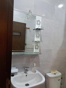 een badkamer met een wastafel, een spiegel en een toilet bij Apparemment près de la rivière Sebou in Kenitra