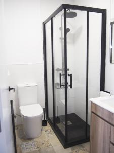 un bagno con wc e doccia in vetro di Casa en l'Ampolla, patio y bbq, cerca de la playa, Pet Friendly a L'Ampolla Altre 21 foto