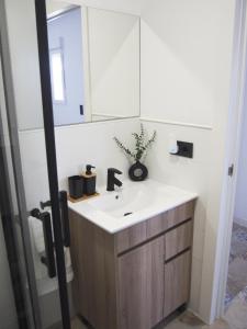 ein Bad mit einem Waschbecken und einem Spiegel in der Unterkunft Casa en l'Ampolla, patio y bbq, cerca de la playa. in L'Ampolla