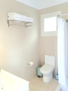 a white bathroom with a toilet and a window at Phileo Villas in Platithriás