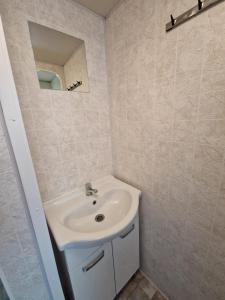 a bathroom with a sink and a mirror at Stacaravan Verhuur Drenthe in Eext