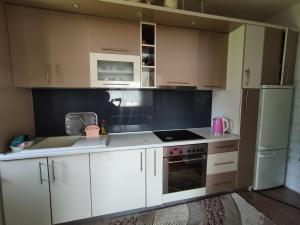 a kitchen with white cabinets and a stove and a refrigerator at Villa Hana in Doglodi