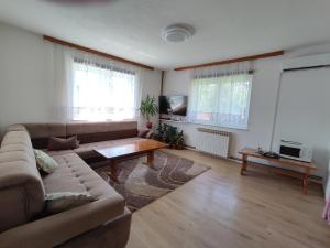 a living room with a couch and a coffee table at Villa Hana in Doglodi