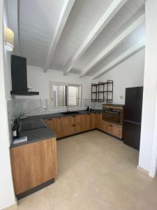 a large kitchen with wooden cabinets and a counter top at Villa Lorisa in Tanaunella