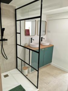 een badkamer met 2 wastafels en een spiegel bij Charmante maison de village in Caumont-sur-Durance