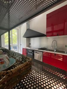 a kitchen with red cabinets and a counter with a sink at Stylish Loft in Milan Mi-CoFiera-CityLife in Milan