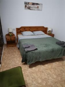 1 dormitorio con 1 cama con edredón verde en Finca Relax, Sea View, Oasis Vasiliko, La Asomada, en La Asomada