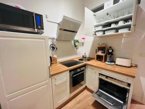 eine kleine Küche mit Spüle und Kühlschrank in der Unterkunft Central-City-Apartment - Innenstadt Wuppertal in Wuppertal