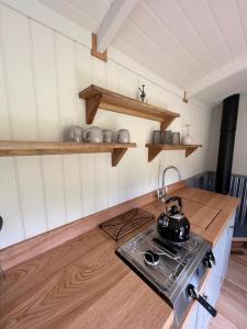 a kitchen with a stove with a tea kettle on it at Troytown Farm Shepherds hut in Puddletown