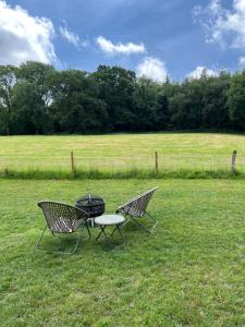 a grill and two chairs sitting in a field at Troytown Farm Shepherds hut in Puddletown