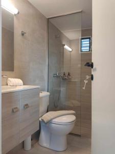uma casa de banho com um WC e uma cabina de duche em vidro. em Irini Apartment em Agios Nikolaos