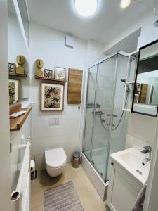 a bathroom with a shower and a toilet and a sink at Central-City-Apartment - Innenstadt Wuppertal in Wuppertal