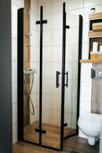 a shower with a glass door in a bathroom at Bieszczadzka Miejscówka in Lutowiska +31 photos