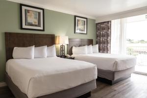 ein Hotelzimmer mit 2 Betten und einem Fenster in der Unterkunft Travelodge by Wyndham Monterey Bay in Monterey