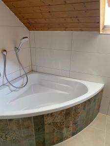 a bath tub with a shower in a bathroom at Vela Ferienhaus in Lichtenstein