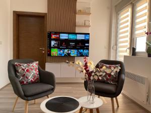 salon z 2 krzesłami i telewizorem w obiekcie R Lux Apartman Jagodina Akva Park w mieście Jagodina
