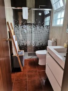 a bathroom with a shower with a toilet and a sink at Casa da Vista- Eirinha in Furnas