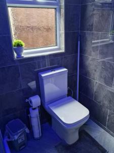 een badkamer met een toilet en een raam bij Perfect for exploring Birmingham in Birmingham