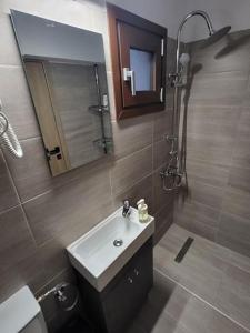 a bathroom with a sink and a shower with a mirror at Saint George House in Ierapetra