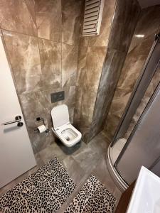 een kleine badkamer met een toilet en een douche bij Kagıthane Gulmahal Residance 1+1 in Istanbul