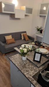 uma sala de estar com um sofá e uma mesa com flores em Paris Maubert Mutualité em Paris