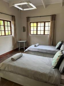 two beds in a room with two windows at Mi Casita in Graskop