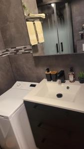 a bathroom with a white sink and a mirror at Paris Maubert Mutualité in Paris