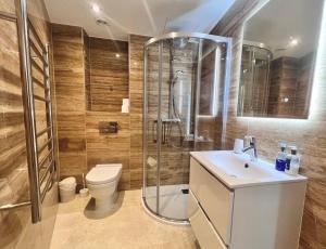 a bathroom with a shower and a toilet and a sink at Luxury 1 Bed Apt - City Suites Ocean Spa Plaza in Gibraltar