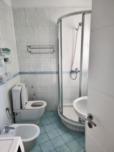 y baño con ducha, aseo y lavamanos. en Hera's Home, en Tirana