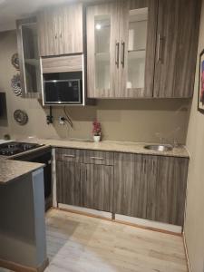 a kitchen with wooden cabinets and a sink at Charles Court Guest House in Durban