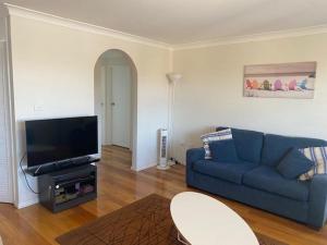 a living room with a blue couch and a tv at Woody Wonder in South West Rocks