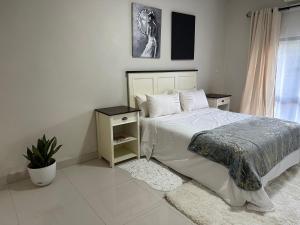 a bedroom with a bed and a potted plant at Kaya Apartments in Lusaka