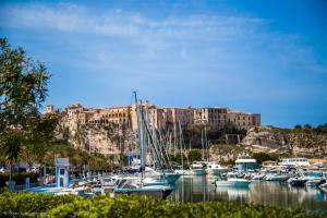 a bunch of boats docked in a marina with a city at Residenza De Vita in Tropea