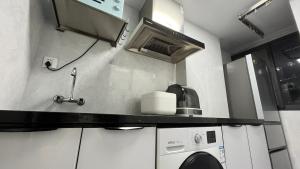 eine Küche mit einer Waschmaschine und einem Waschbecken in der Unterkunft Xingyu Apartment - Tianhe Road in Guangzhou