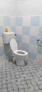 La salle de bains est pourvue de toilettes dans un mur bleu et blanc. dans l'établissement Ema roomstay, à Jementah