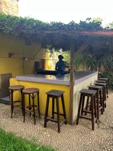 a bar with stools and a man sitting at a counter at Boli Boli Guesthouse in Sere Kunda