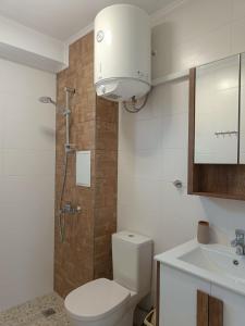 a bathroom with a toilet and a shower and a sink at Царево-Студия Нестинарка in Tsarevo
