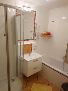 Appartment Ahorn في ماريا ألم آم شتاينرنين مير: حمام مع دش ومغسلة وحوض استحمام