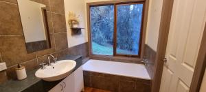 a bathroom with a sink and a tub and a window at Emerald Retreat in Emerald